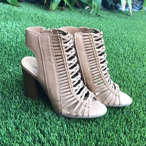 New Tan Braided Strappy High Block Heel Sandals
